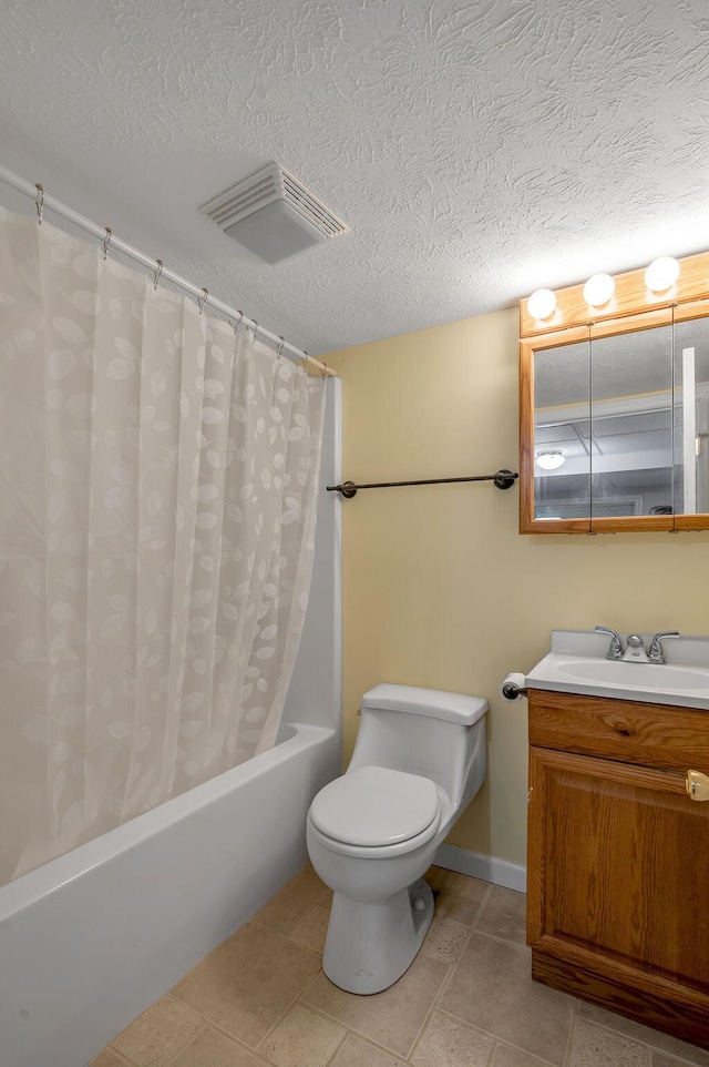 full bath featuring tile patterned flooring, visible vents, toilet, shower / bath combination with curtain, and vanity