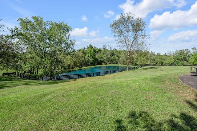 view of yard featuring fence and a water view