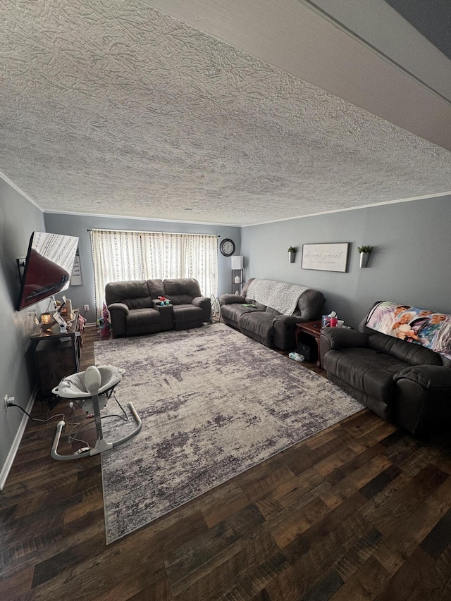 living area featuring ornamental molding, wood finished floors, and a textured ceiling