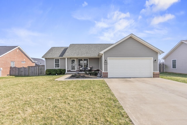 single story home featuring driveway, a front lawn, fence, a garage, and brick siding