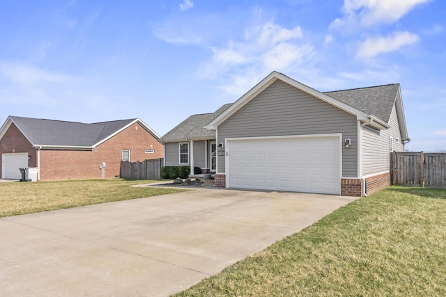 single story home with brick siding, a front lawn, fence, concrete driveway, and an attached garage