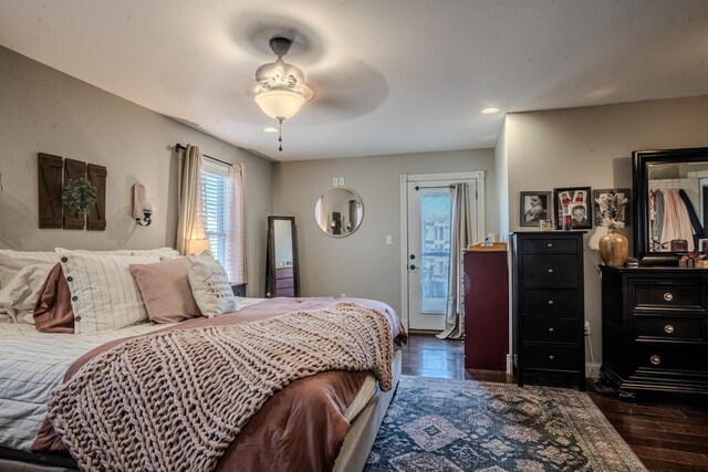 1204 Meadow Brook Dr, Lawrenceburg, KY 40342 - bedroom with dark wood-type flooring, access to outside, and ceiling fan
