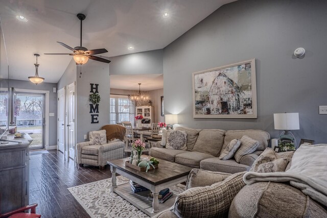 1204 Meadow Brook Dr, Lawrenceburg, KY 40342 - living room with baseboards, high vaulted ceiling, dark wood finished floors, recessed lighting, and ceiling fan with notable chandelier