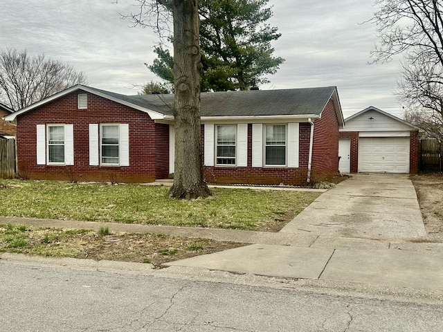 single story home with brick siding, a front lawn, fence, a garage, and an outdoor structure