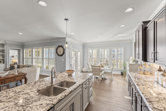 kitchen with crown molding, plenty of natural light, wood finished floors, and a sink