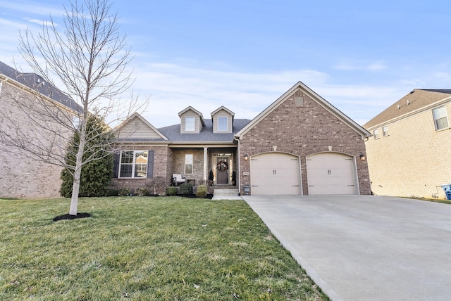 view of front of house featuring brick siding, a garage, concrete driveway, and a front yard