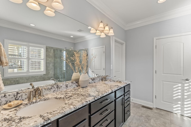 bathroom featuring baseboards, visible vents, double vanity, a sink, and crown molding