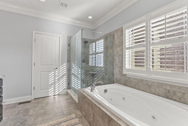 bathroom with visible vents, a stall shower, a whirlpool tub, tile patterned flooring, and crown molding