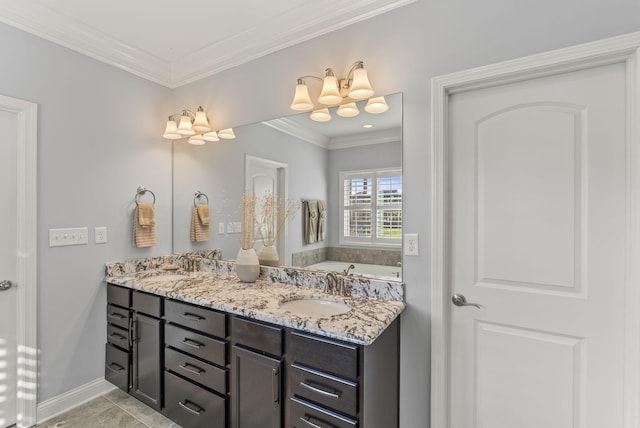 bathroom with double vanity, ornamental molding, a garden tub, and a sink