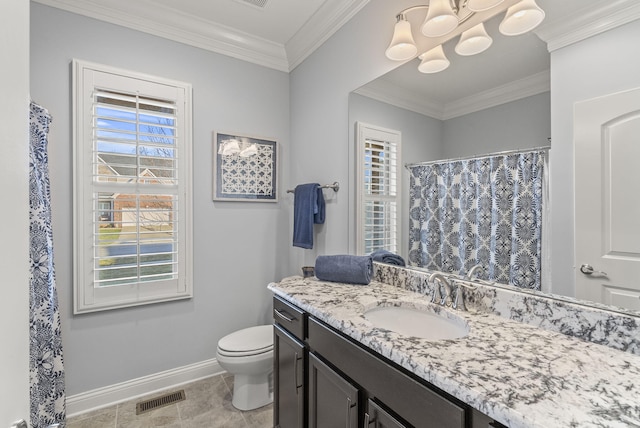 bathroom with crown molding, toilet, baseboards, and visible vents