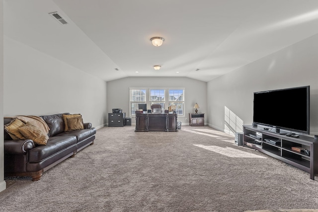 carpeted living room with vaulted ceiling, baseboards, and visible vents