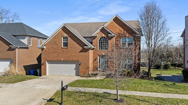 traditional home with a front yard, brick siding, roof with shingles, and driveway