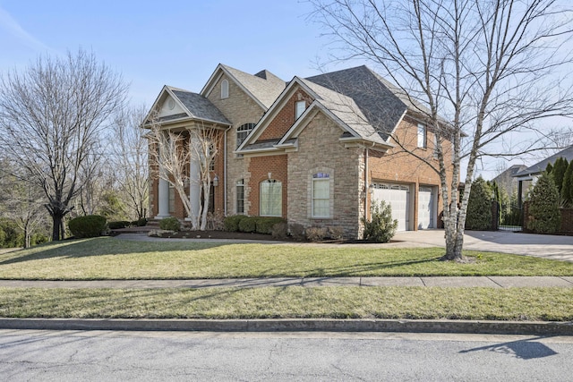 view of front of home with a garage, brick siding, concrete driveway, and a front lawn