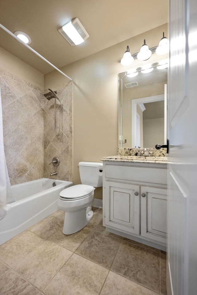 bathroom featuring visible vents, toilet, tile patterned floors, shower / bath combination with curtain, and vanity