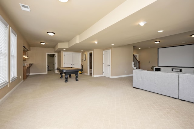 game room featuring carpet, visible vents, baseboards, recessed lighting, and pool table