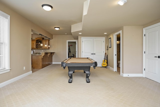 recreation room with pool table, recessed lighting, light colored carpet, and baseboards