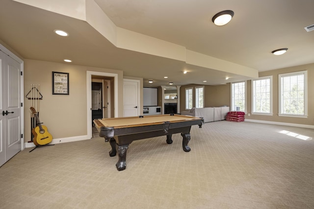 playroom with pool table, recessed lighting, carpet, and baseboards