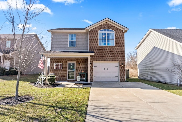 traditional-style home with a garage, brick siding, concrete driveway, and a front lawn