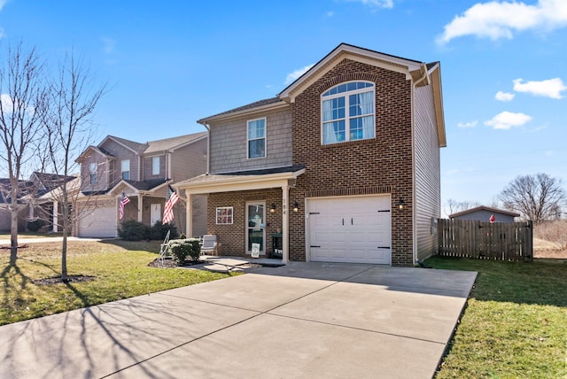 view of front of house with a front lawn, an attached garage, and brick siding