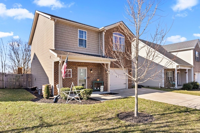 traditional-style home featuring brick siding, fence, concrete driveway, a front yard, and a garage