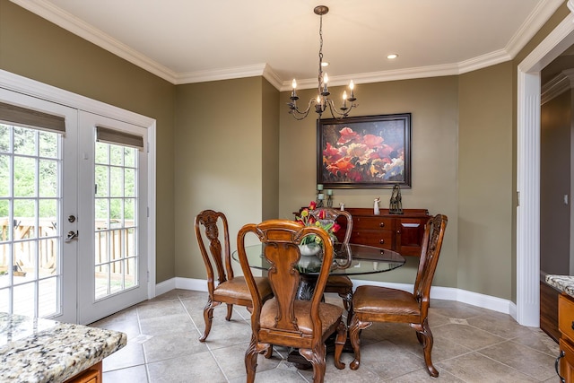 dining space featuring french doors, light tile patterned flooring, baseboards, an inviting chandelier, and crown molding