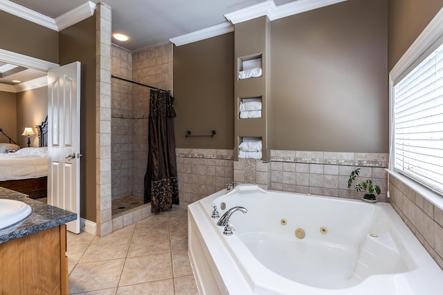 ensuite bathroom featuring a shower stall, a jetted tub, ornamental molding, connected bathroom, and a fireplace