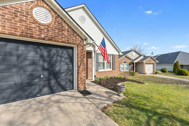 view of front of house with a garage, brick siding, concrete driveway, and a front lawn