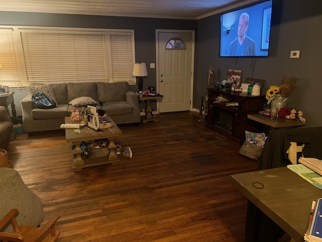 living area with wood finished floors and crown molding