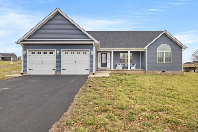 ranch-style house featuring a front lawn, aphalt driveway, a porch, a garage, and crawl space