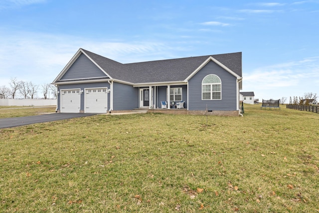 single story home featuring a front lawn, aphalt driveway, a porch, roof with shingles, and a garage