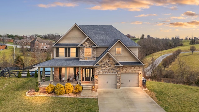 161 Tuscany Way, Richmond, KY 40475 - craftsman-style house with a garage, a porch, driveway, stone siding, and roof with shingles