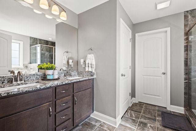 161 Tuscany Way, Richmond, KY 40475 - bathroom with baseboards, a stall shower, double vanity, and marble look tile flooring