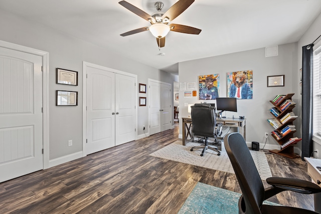 161 Tuscany Way, Richmond, KY 40475 - home office with a ceiling fan, dark wood-type flooring, and baseboards