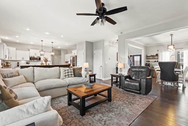 161 Tuscany Way, Richmond, KY 40475 - living room featuring dark wood-style floors, recessed lighting, ceiling fan, and baseboards
