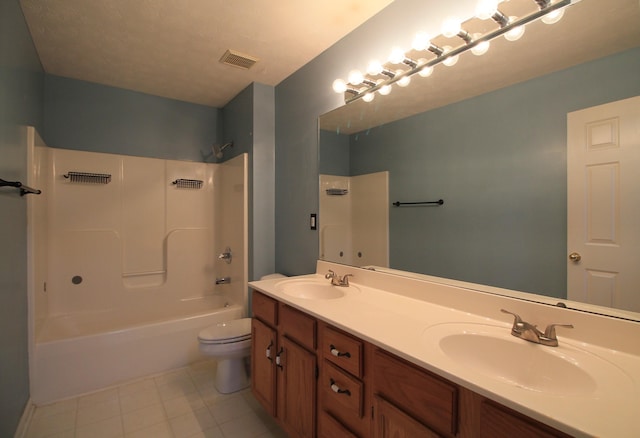 full bath with shower / tub combination, toilet, visible vents, and a sink