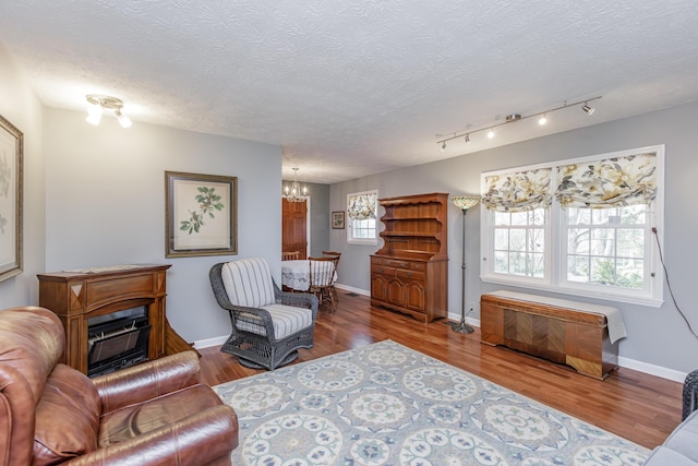 living area with baseboards, a chandelier, a fireplace, wood finished floors, and a textured ceiling