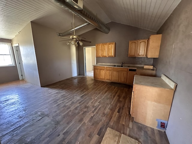 kitchen featuring dark wood-type flooring, vaulted ceiling, a ceiling fan, and light countertops