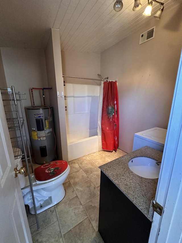 bathroom with vanity, visible vents, water heater, shower / bath combo with shower curtain, and toilet