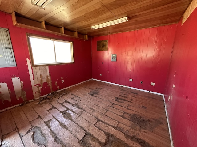 spare room featuring hardwood / wood-style floors and wooden ceiling