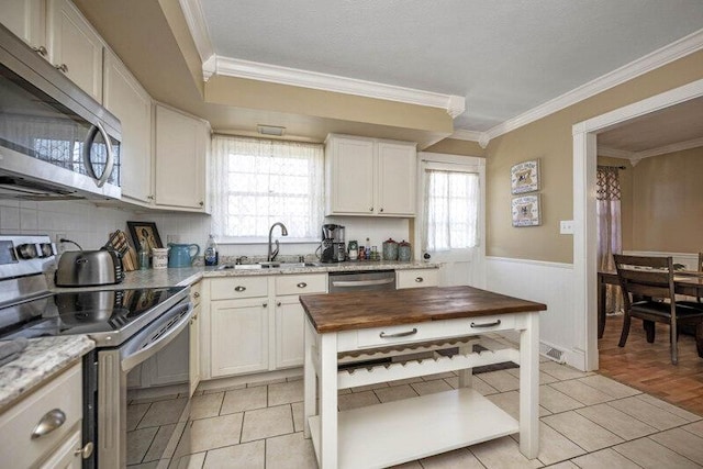 kitchen featuring a wainscoted wall, plenty of natural light, appliances with stainless steel finishes, and a sink