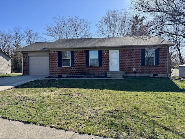 ranch-style house with brick siding, an attached garage, driveway, and a front lawn