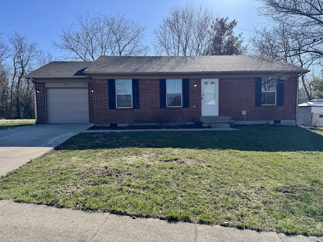 single story home featuring a front yard, a garage, brick siding, and concrete driveway