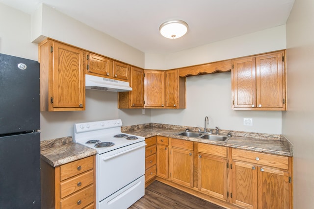 kitchen with electric range, brown cabinets, under cabinet range hood, a sink, and freestanding refrigerator