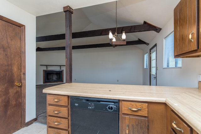 kitchen featuring brown cabinetry, dishwasher, vaulted ceiling with beams, and light countertops