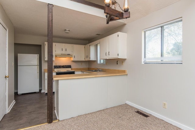 kitchen featuring visible vents, freestanding refrigerator, a sink, electric stove, and under cabinet range hood