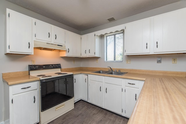 kitchen featuring white range with electric stovetop, light countertops, under cabinet range hood, and a sink