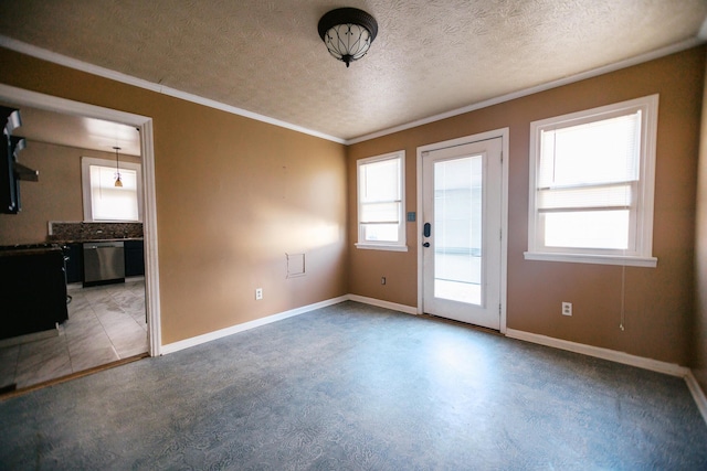 interior space with baseboards, a textured ceiling, and crown molding