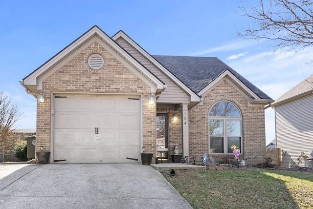 single story home with brick siding, driveway, a shingled roof, and a garage