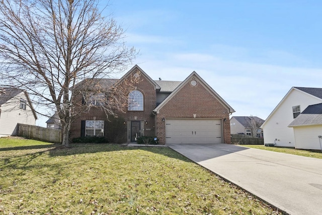 traditional home with concrete driveway, fence, brick siding, and a front yard