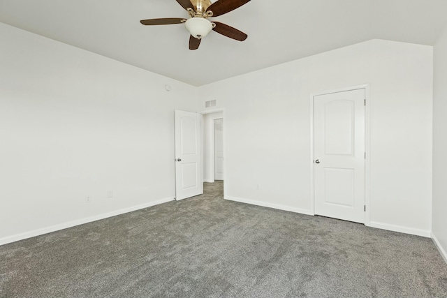 unfurnished bedroom featuring a ceiling fan, baseboards, visible vents, and carpet floors